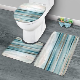 KOMLLEX 4Pcs Abstract Teal Beach Shower Curtain Sets, Bath Mat and Toilet Lid Cover, Oil Painting Ocean Wave Mountain Nature Summer Hawaii Bathroom Decor Set with Rugs and Accessories, 12 Pack Hooks