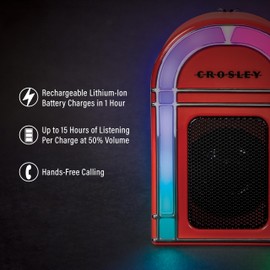 Crosley CR3046A-RE Mini Jukebox Portable Bluetooth Speaker with LED Lights and Microphone, Red