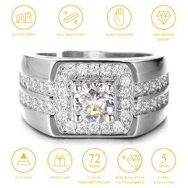 Halukakah Gold Diamond Ring Iced Out, Men's 18 Carat Real Gold Plated/Platinum Plated White Gold Ring Size Adjustable with Free Gift Box, Platinum