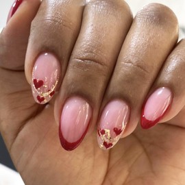 24Pcs Red French Tip Press on Nails Short Almond Fake Nails with Red Heart Glitter Designs Acrylic Nails Cute Gel Glue on Nails Valentines False Nails for Coquette Women Girls