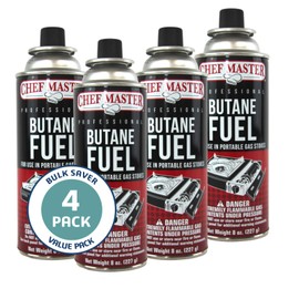 4 x 8oz. Butane Fuel Canister by Chef Master, Tin Fuel Refill for Kitchen Torch, Portable Camp Stove, Butane Camp Stove, Tin Canister for Picnics, Outdoor Cooking, Grilling, Camping Essentials - 90340