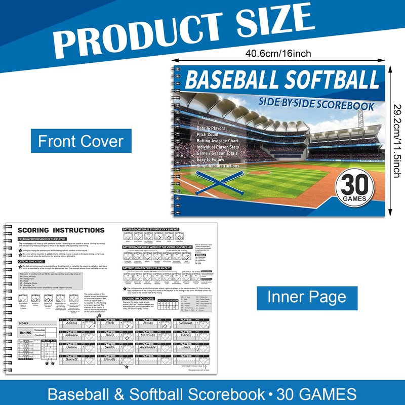 Chiisong 2 Pcs Side by Side Baseball Scorebook 11.5x16 30