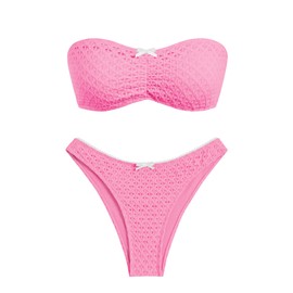 ZAFUL - Bikini sin tirantes para mujer, diseño de lazo, fruncido, corte alto, bandeau de corte alto, para mujer, 0-a-rosa, M