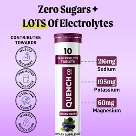 QUENCH COMPANY Quench Electrolyte Tablets 40 Count Instant Hydration, Electrolytes, Fasting Electrolytes No Sugar for Optimal Hydration Support Not Powder - Watermelon, Orange, Mixed Berry, Lemon Flavors