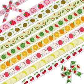 YKW 8 Pack Fruit Grosgrain Ribbon 3/8 Inch x 3 Yards - Strawberry Banana Apple Orange Cherry Watermelon Kiwi Avocado Ribbon Set for DIY Crafts Party Decoration Gifts