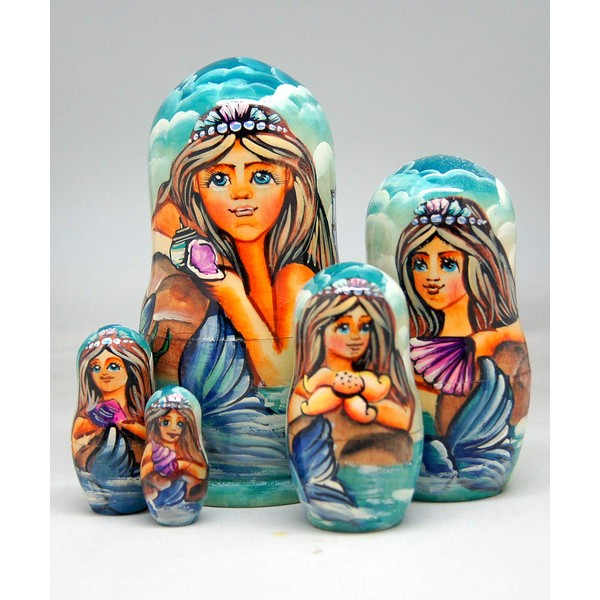 G. Debrekht Mermaid, Mrs. of The Sea 5-Nest Matreshka Wooden Nesting Dolls Set - 130722 by