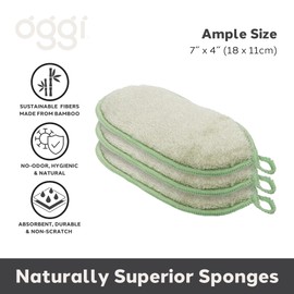 OGGI Bambou Odor-Free Kitchen Sponges - Natural Kitchen Sponges for Dishes, 91% Bamboo-Derived Rayon Cellulose Fiber, Reusable, Absorbent, Hygienic, Durable, Non-Scratch, Washable - 3 pcs, 7x4