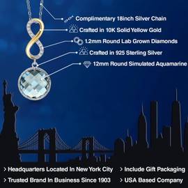 Gem Stone King 925 Sterling Silver Sky Blue Simulated Aquamarine and White Lab Grown Diamond Pendant Necklace for Women | 6.78 Cttw | Gemstone March Birthstone | Round 12MM | With 18 Inch Chain