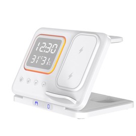 IHAO 5in1 Multi Functional Wireless Charging Station with Digital Clock 15W Fast Charge Night Light Temperature Display Wireless Charger for All Qi Phone and TWS Headphone Compliant with i-Watch