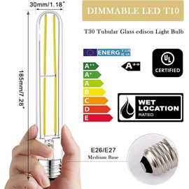 NOVELUX 7.3 Inch Edison Bulb,4000k Neutral White E26 Led Bulb 60 Watt Dimmable,6W T10 Bulb Clear Glass Long Tubular Light Bulbs,T9 Bulbs for Bathroom Vanity Light,Wall Sconces,Pendant(6 Pack)