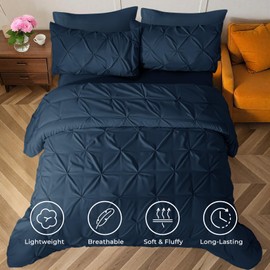 Sasttie Queen Comforter Set, 7-Piece Bed in a Bag, Pintuck Bedding Sets for All Season, Includes Comforter, Flat Sheet, Fitted Sheet, Pillowcases and Pillowshams, Navy