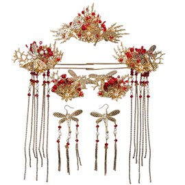 Getrelax Red and Gold Chinese Wedding Bride Hair Accessory Crown Headband