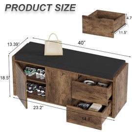 LVB Entryway Shoe Bench, Rustic Storage Bench with Cushioned Seating, Long Hidden Shoe Organizer Bench with 2 Drawers, Industrial Wooden Shoe Bench in Hallway Living Room Bedroom, Rustic Brown, 40in