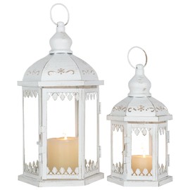 Lanterns Decorative Outdoor&Indoor, Set of 2 (15"&11") White Metal Lantern Decor with Glass, Candle Holder for Porch, Patio, Garden, Balcony, Wedding, Table Centerpiece