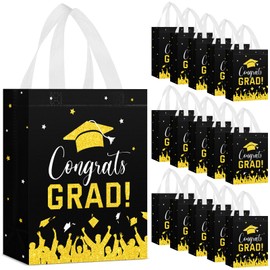 Shinylin 24 Pcs Graduation Gift Bags 2025 Reusable Graduation Bags with Handles Nonwoven Fabric Totes for Grad Party Favors(Black, Gold)