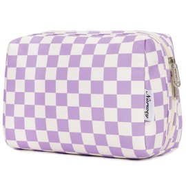 Large Makeup Bag Zipper Pouch Travel Cosmetic Organizer for Women (Purple Checkerboard, Large)