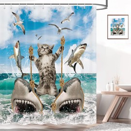 bzwcbei Funny Cat Shower Curtain, Fun Cat Riding Shark Shower Curtain Liner, Ocean Sea Blue Kids Waterproof Bathroom Curtain Set with Hooks 69x70inches