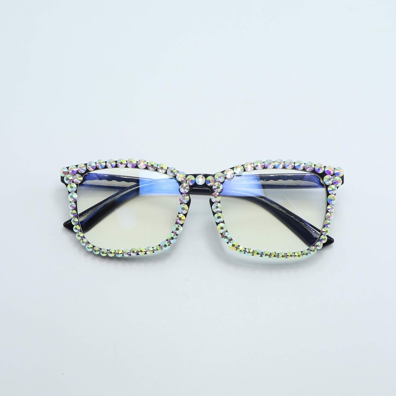 FUPRECIOUS Square Rhinestone Reading Glasses For Women Blue Light Blocking