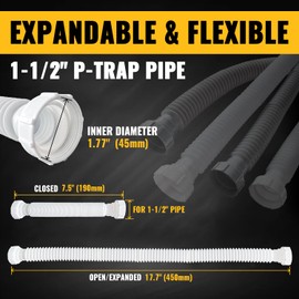 VIVIDA 1-1/2" Sink Drain Pipe Kit, Flexible Sink Drain Pipe P-Trap, 7.5"-17.7" Flexible Sink Drain P-Trap for Bathroom Sink and Kitchen Sink, 1-1/4" Adapter Included, 1 PACK