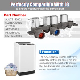 AJU75152602 LG Washer Water Inlet Valve Assembly OEM compatible with WT7100CW/WT7150CW/WT7405CW/WT7400CW/WT7305CV/WT7900HBA, Replaces 5221EA1008S PD00060681, Fits LG Washing Machine Series