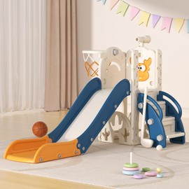 BIERUM Toddler Slide for Kids,6-in-1 Indoor Outdoor Toddler Slides Playground with Basketball Hoop, Golf Game & Telescope, L-Shaped Baby Slide Climber Playset, Blue&Yellow