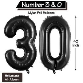 40 Inch Black 30 Number Balloons, Large Foil Number Balloon for 30th Birthday Anniversary Event Party Decorations Supplies