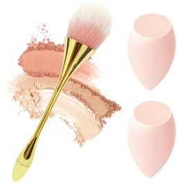 Makeup Brushes with Beauty Blender, 2 Pieces Soft Makeup Sponges and Metal Coated Foundation Brush for Liquid Makeup, Eyeshadow and Powder (Gold)