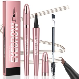 Eyebrow Pencil, 3D Microblading Eyebrow Pen, Magic Eye Brow Pencils with 4 Micro-Fork Tips & Spoolie Brush, Long-lasting Waterproof Smudgeproof Brow Pen Creates Natural Hair-Like Brows (Dark Brown)