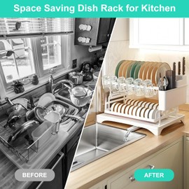 Dish Drying Rack for Kitchen Counter, 2-Tier Stainless Steel Dish Drainer with Drainboard & Utensil Holder, Large Capacity Metal Kitchen Dishes Drying Rack Plate Organizer for Bowls/Cups/Bottles