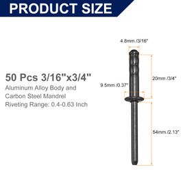 sourcing map 50Pcs 3/16"x3/4" Aluminum Blind Rivets, Dome Head Multi Grip Aluminum Steel Mandrel Rivets Fasteners for Metal, Furniture, Automotive, Black