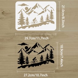 FINGERINSPIRE Mountain Tree and Cyclist Stencil 8.3x11.7inch Reusable Mountaineering Bikers Drawing Stencil Sunrise Painting Template Sports Theme Stencil for Painting on Wall Wood Fabric Furniture