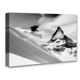 Matterhorn Air Alpine Skiing Photography 28x36 Stretched Canvas Poster - Extreme Skiing Black & White Art - Iconic Matterhorn Mountain, Dramatic Skiing Landscape -For Ski Resorts & Alpine Lodges Décor