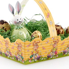 com-four® 6 x Easter Baskets with Motif - Cardboard Baskets for Filling - Easter Nest for Gifts and Easter Eggs - Cardboard Gift Bag with Carry Handle (Yellow Orange Blue)