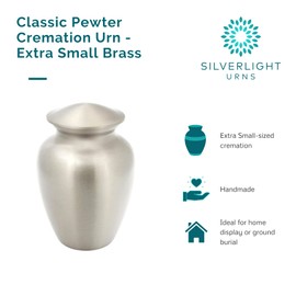 Classic Pewter Cremation Urn for Ashes - Extra Small, Brass, Silver Urn, Child Urn, Extra Small Sized Cremation Urn, 5.75 Inches High