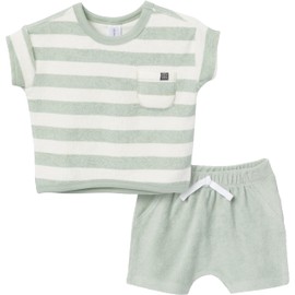 Modern Moments by Gerber Baby Boys' 2-Piece Knit Terry Shirt and Short, Green Stripe, 6-9 Months