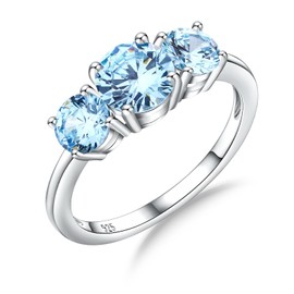 DAYBYDAY 3 Stone Anniversary Rings for Women Sterling Silver Aquamarine March Birthstone Ring Light Blue Three-Stone Round Engagement Ring Size 9