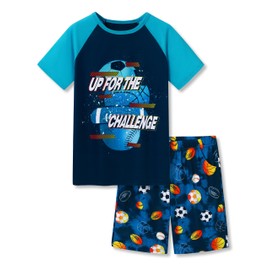 Tebbis Pajamas For Boys Fun Up for the challenge Blue Short Sleeves Summer PJs Set Kid Comfy Sleepwear Size 8