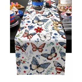 4th of July Table Runner Butterfly Stars Patriotic Memorial Day Table Runners Eucalyptus Leaves Floral Independence Day Holiday Kitchen Dining Table Decor for Indoor Outdoor Home Party 13x72 inch