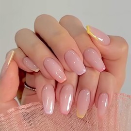 Colorful French Tip Press on Nails Medium Coffin KQueenest Natural Nude Fake Nails Short Medium Ballerina Acrylic False Nails Press ons French Stick on Nails for Women 24 Pcs