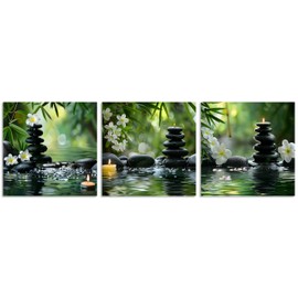 TutuBeer 3 Pcs Zen Art Wall Art Zen Spa Canvas Wall Art Spa Stone Green Bamboo White Frangipani Flower Pictures Prints on Canvas for Home Office Kitchen Wall Decor Stretched and Framed 16x16inchx3