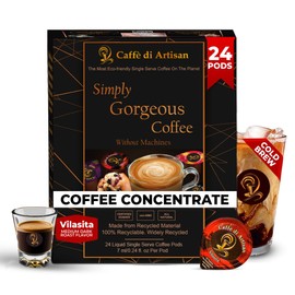 Caffè di Artisan Liquid Coffee Pods – Premium Single-Serve Coffee for Cold Brew concentrate, Iced Coffee & Hot Coffees – Machine-Free, Eco-Friendly, Ready in Seconds. Rich; Vilasita; Arabica; Medium Dark Roast – 24 Count..