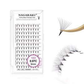 NAGARAKU 10D Prefabricated Fan Eyelashes, 120 Fans Volume, Premade Fans Tuft, Stems, Narrow Thin Lace Base, Natural, Fluffy Ready Fans Russian Black Lash, 12 Rows (0.07 C 9 mm)
