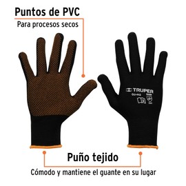 Truper GU-442, Guantes de poliéster con puntos de PVC en palma, puño tejido, M
