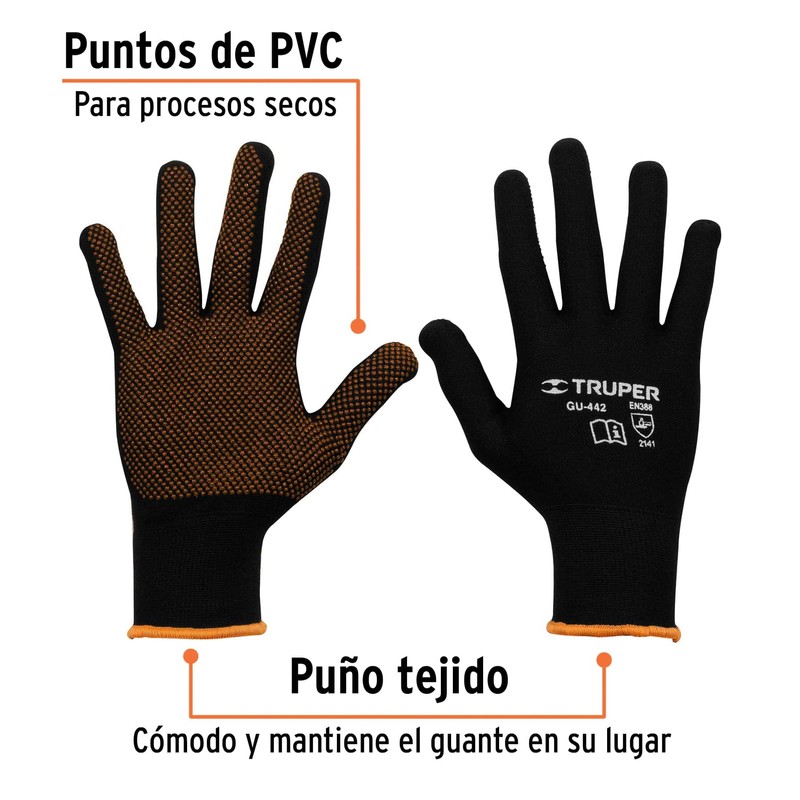 Truper GU-442, Guantes de poliéster con puntos de PVC en