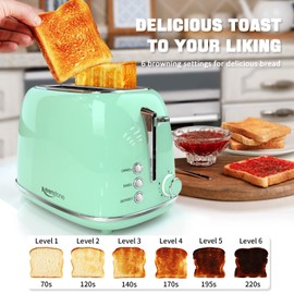Toaster 2 Slice Stainless Steel Toaster Retro with 6 Bread Shade Settings, Bagel, Cancel, Defrost Function, 2 Slice Toaster with Extra Wide Slot, Removable Crumb Tray
