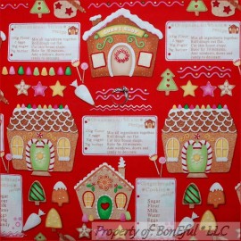 Signature BonEful FABRIC FQ Cotton Quilt VTG Red Tree Ginger*Bread House Cookie Candy Cane