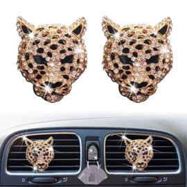 2 Pcs Bling Leopard Air Vent Clips, Crystal Leopard Car Air Fresheners Vent Clips Car Diffuser Vent Clip Rhinestone Leopard Car Decoration Car Interior Decor Bling Car Accessories for Women (Golden)