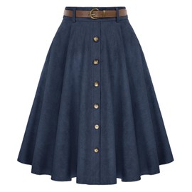 Belle Poque Women's Vintage Skirts Retro Stretch High Waist A-Line Flared Midi Skirts with Pockets & Belt, Navy#633