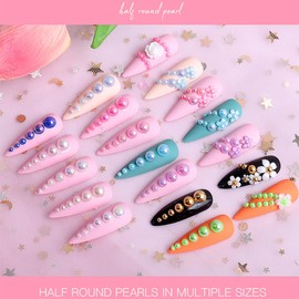 1Box Flat Back Pearls for Crafting, Flatback Nail Pearls for Nail Art, Small Pearls for Nail Charms, Silver Half Pearls Kits Beads with Pickup Pencil Tweezer for Home DIY (Silver)