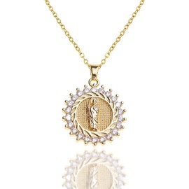 Agriajun Gold Guadalupe Virgin Mary Pendant Christian Jesus Christ Round Coin Dangle Necklace for Women - Dainty Link Chain Sparkly White Cubic Zirconia Rhinestone Crystal Jewelry Gifts Daughter Mother Friend